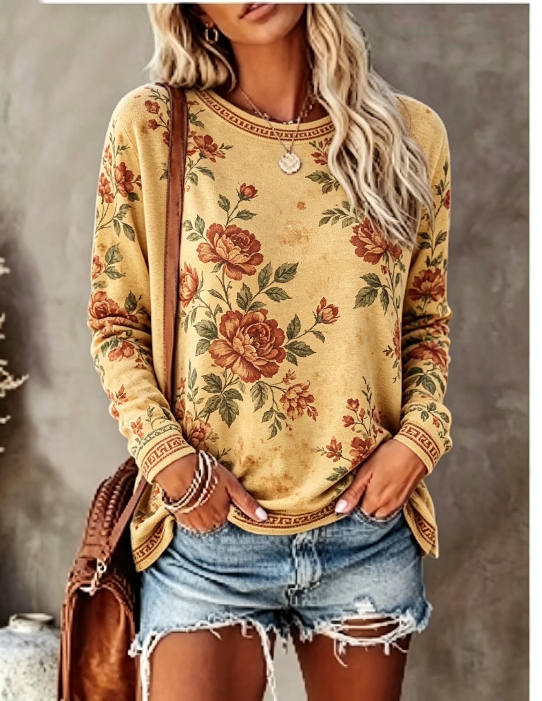 여성용 크루넥 긴소매 티셔츠, 빈티지 플로럴 로즈 프린 - Wallpaper 리뷰 및 가격